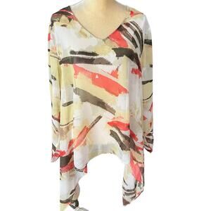 Chicos Travelers Collage Top Tunic Sheer V-Neck Blouse Size 3 XL